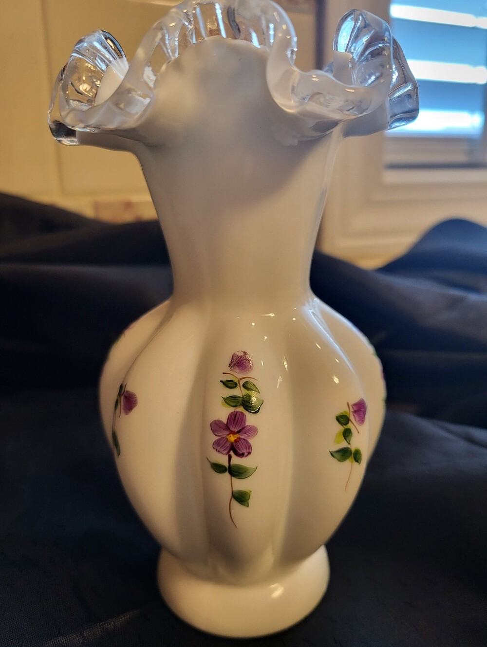 Fenton  6 In. White Glass Violets In The Snow Ruffled Vase